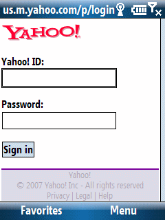 Yahoo! mobile login screen